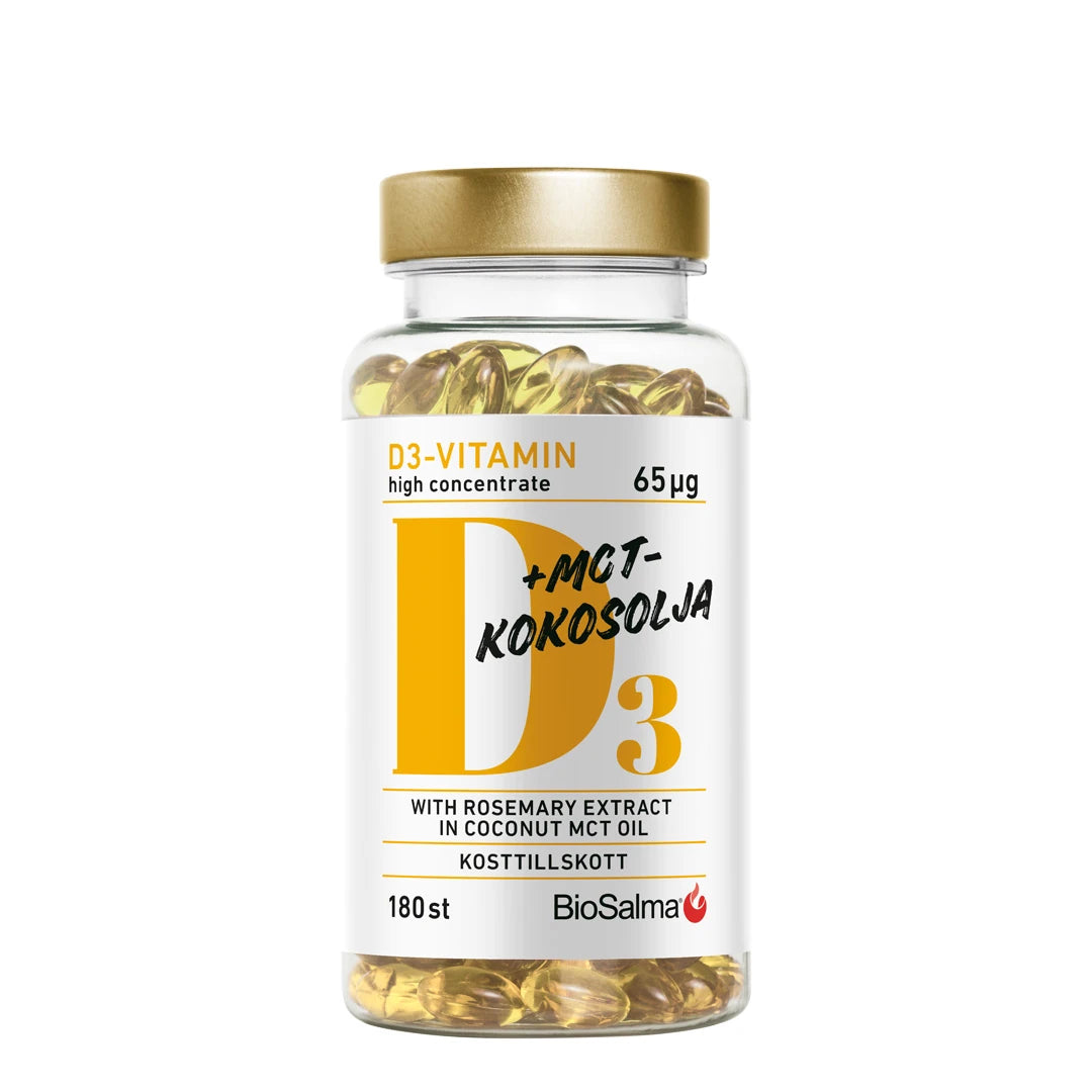 BioSalma D3 Vitamin 65 µg+ MCT 180 caps kultakantisessa läpinäkyvässä purkissa, joka on täynnä keltaisia kapseleita.
