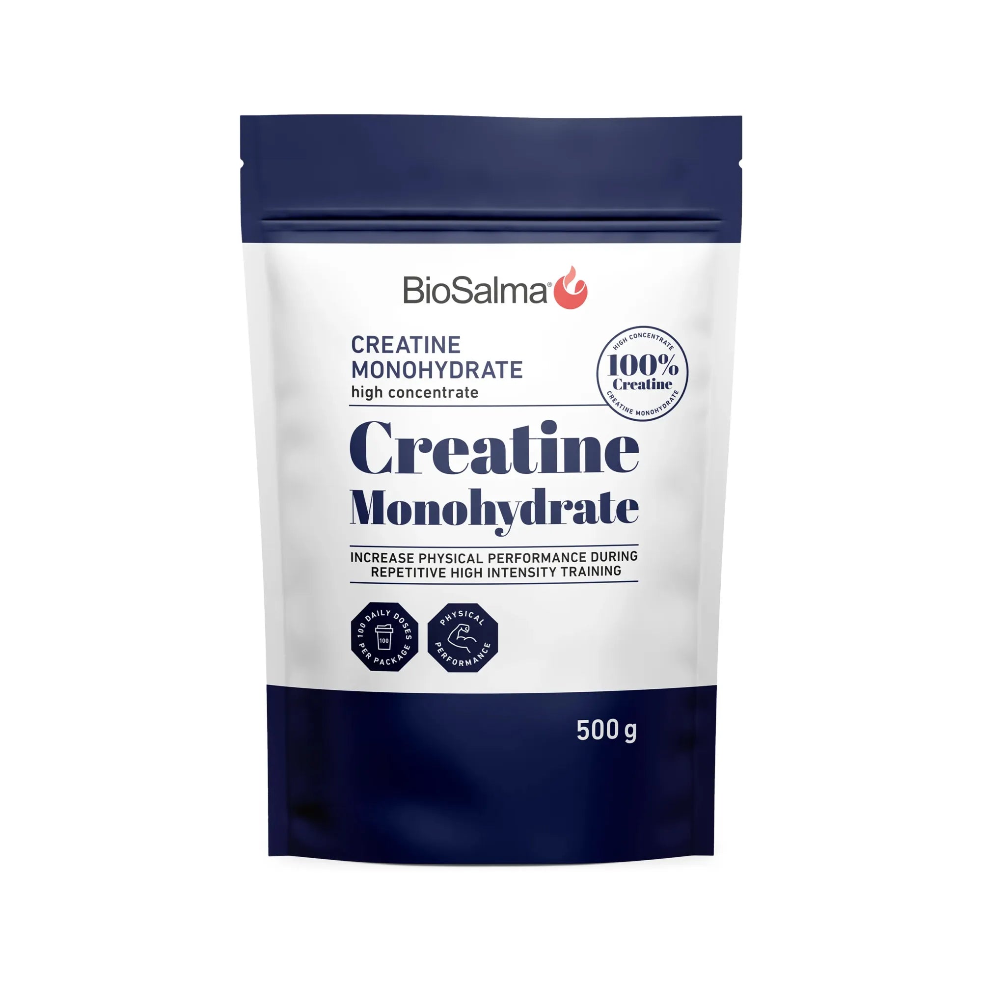BioSalma Creatine Monohydrate 500 g -kreatiinijauhe pakattuna valkoiseen ja tummansiniseen pussiin.