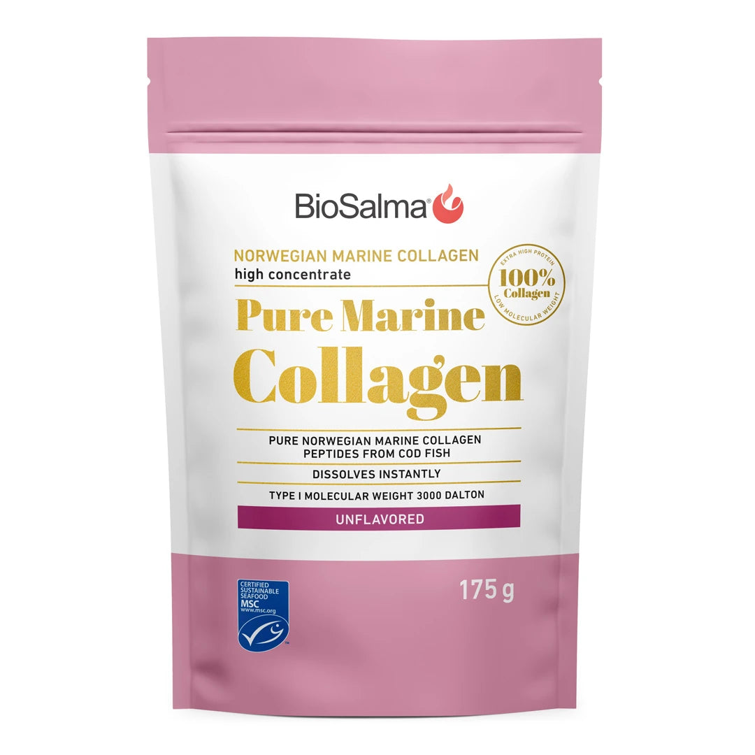 BioSalma Pure Norwegian Marine Collagen 175 g valkoisessa pussissa pinkeillä yksityiskohdilla ja kultatekstillä.