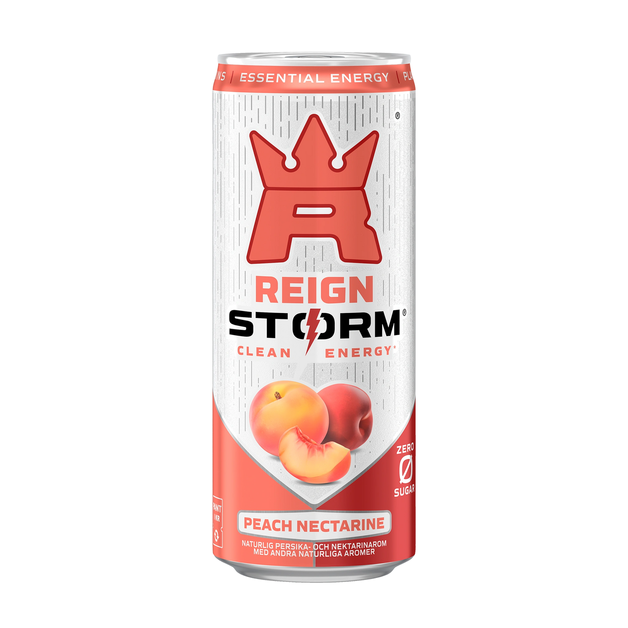 Reign Storm Energy 355 ml -energiajuoma valkoisessa tölkissä punaisilla yksityiskohdilla, makuna Peach Nectarine.