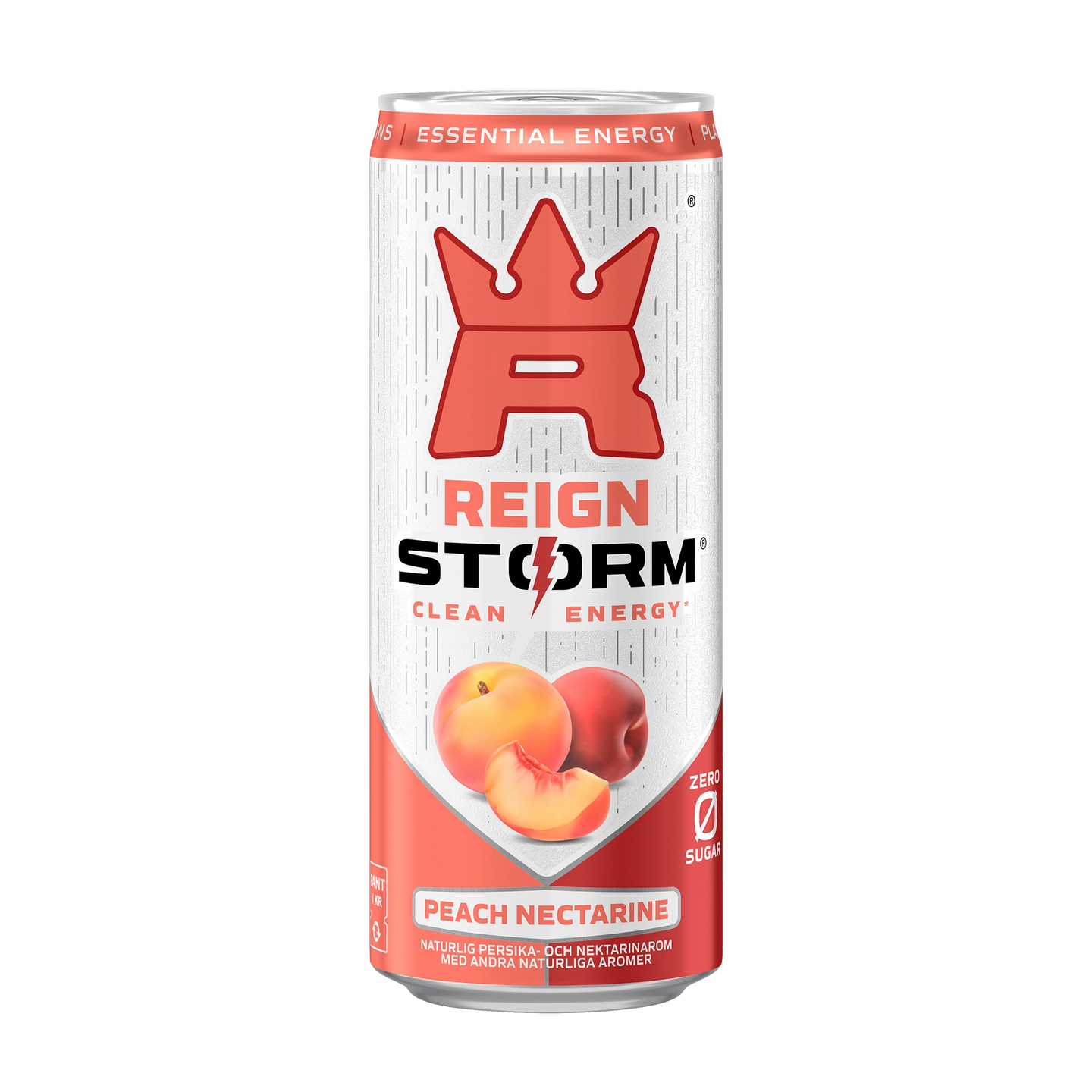 Reign Storm Energy 355 ml -energiajuoma valkoisessa tölkissä punaisilla yksityiskohdilla, makuna Peach Nectarine., kuva 1/5