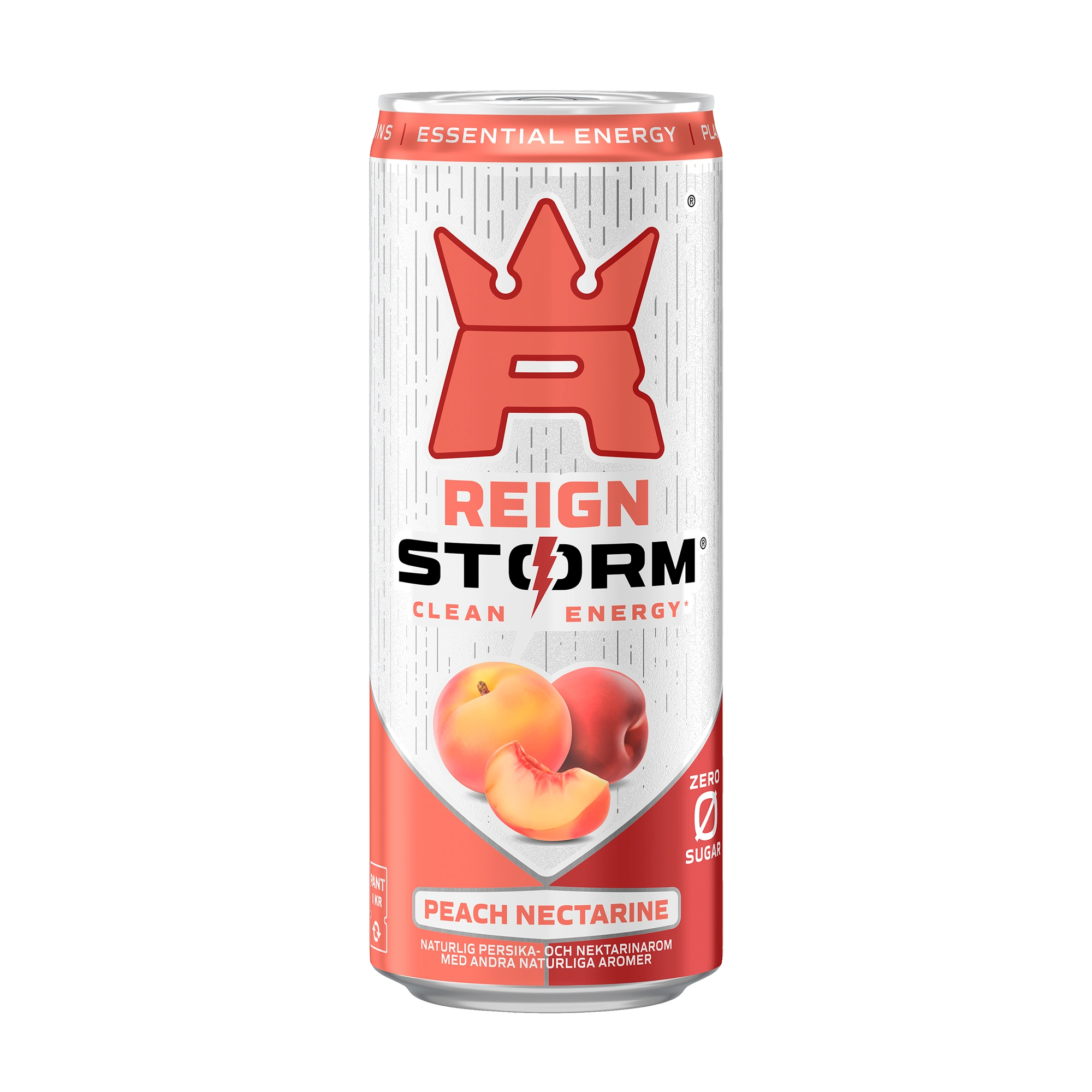 Reign Storm Energy 355 ml -energiajuoma valkoisessa tölkissä punaisilla yksityiskohdilla, makuna Peach Nectarine., kuva 1/5