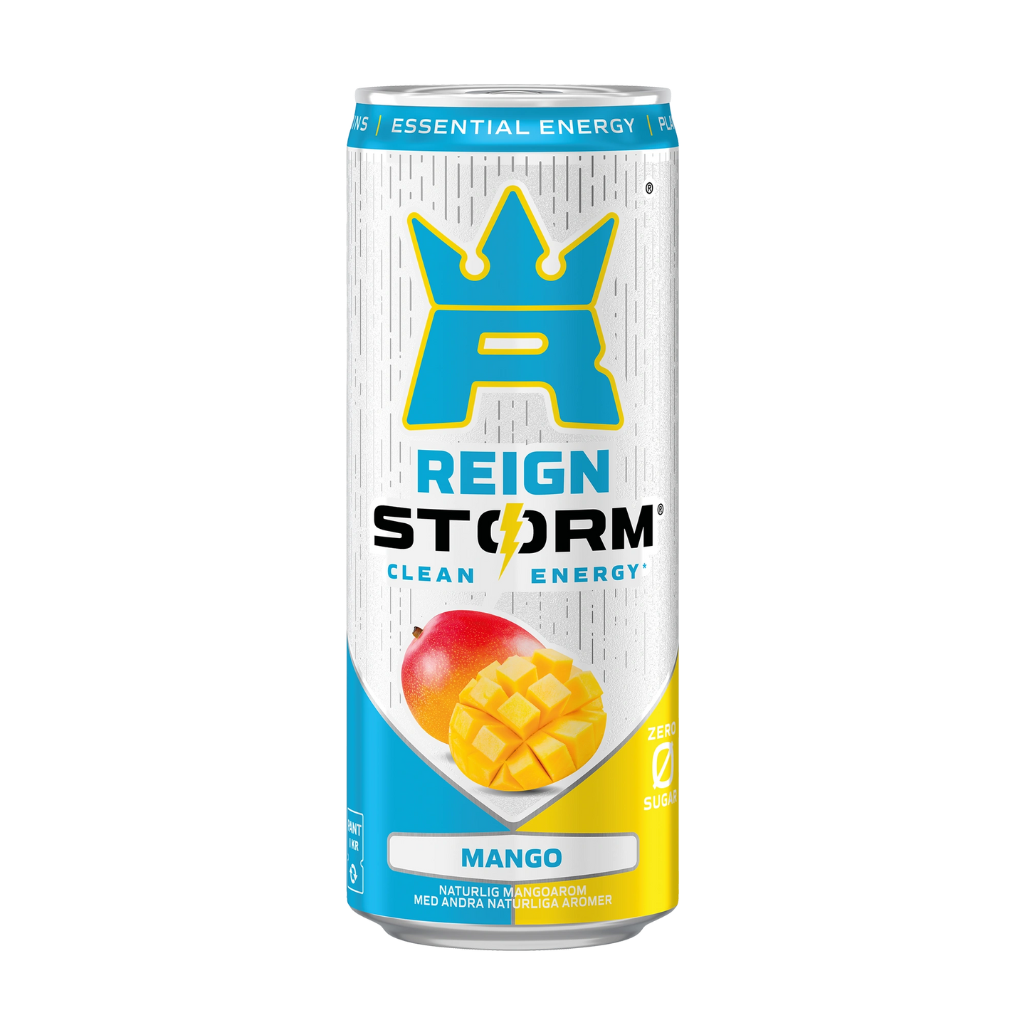 Reign Storm Energy 355 ml -energiajuoma valkoisessa tölkissä sinikeltaisilla yksityiskohdilla, makuna Mango., kuva 4/5