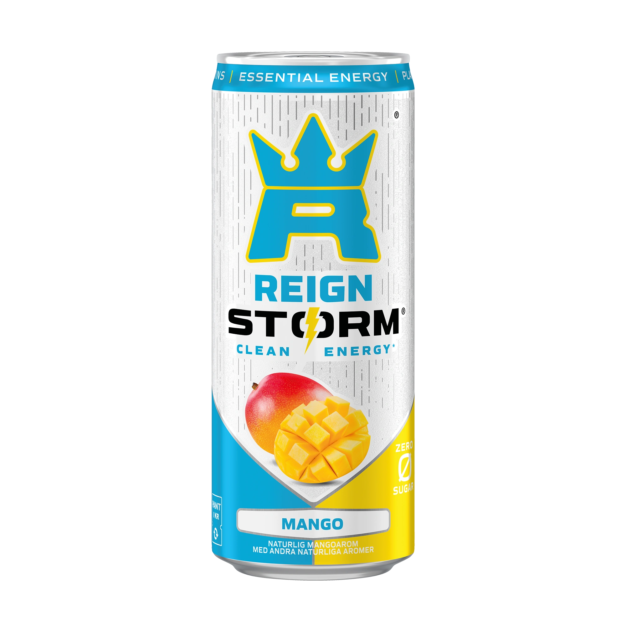 Reign Storm Energy 355 ml -energiajuoma valkoisessa tölkissä sinikeltaisilla yksityiskohdilla, makuna Mango., kuva 4/5