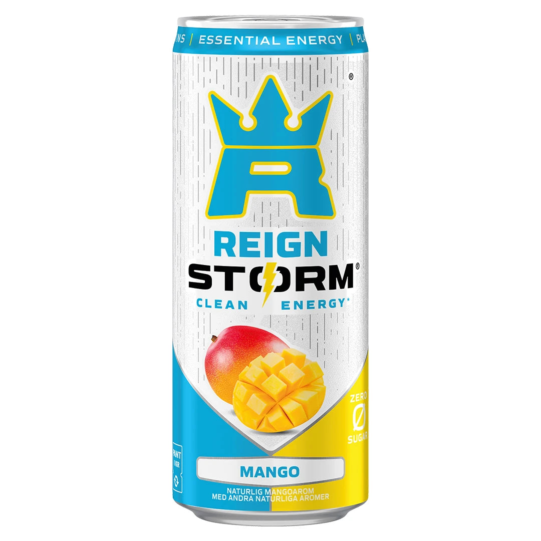 Valko-sininen tölkki Reign Storm Energy 355 ml -energiajuomaa makuna Mango.