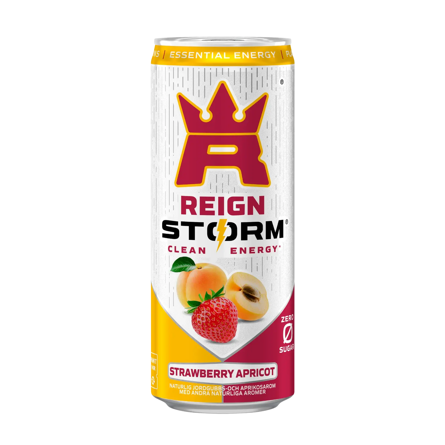 Reign Storm Energy 355 ml hiilihapotettu juoma valko-kelta-punaisessa tölkissä, makuna Strawberry Apricot., kuva 5/5