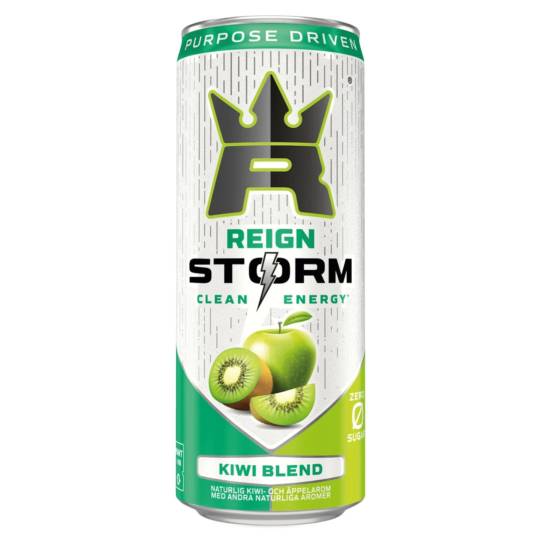 Hopeanvärinen Reign Storm Energy 355 ml -tölkki Kiwi Blend -maussa, jossa on kiivin ja vihreän omenan kuvitus.