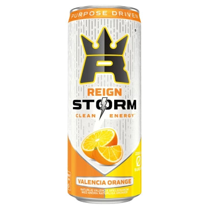 Reign Storm Energy 355 ml -energiajuomatölkki, makuna Valencia Orange, valko-oranssilla ulkoasulla.
