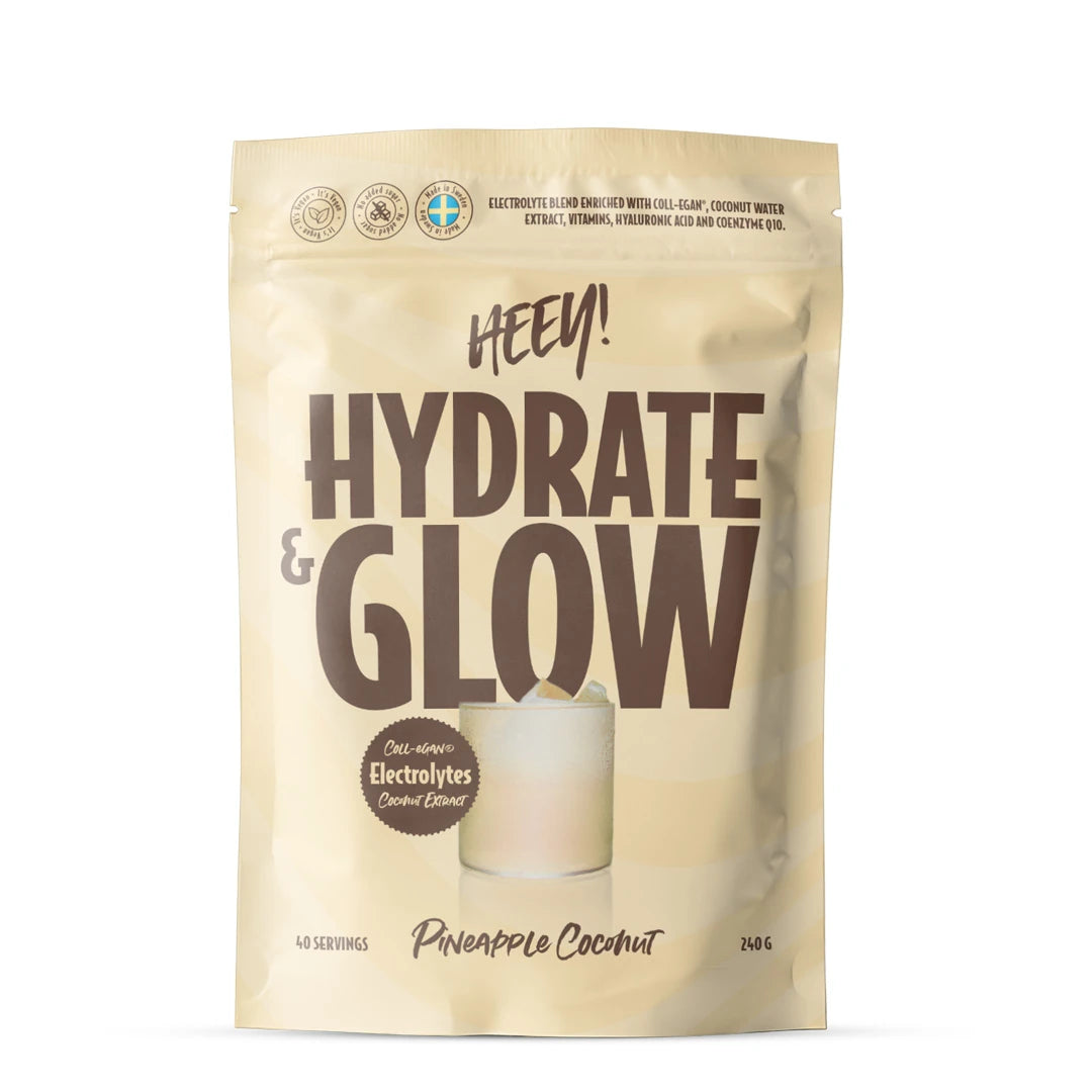 Heey! Elektrolyytit + Coll-egan® 240 g -elektrolyyttijauhe beigessä pussissa, makuna Pineapple Coconut.