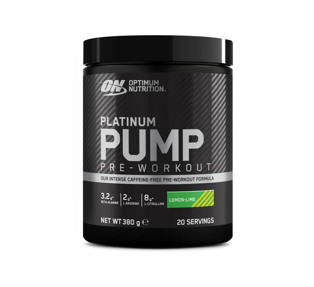 Optimum Nutrition PLATINUM PWO PUMP 380 g kofeiiniton jauhe mustassa purkissa, makuna Lemon Lime.
