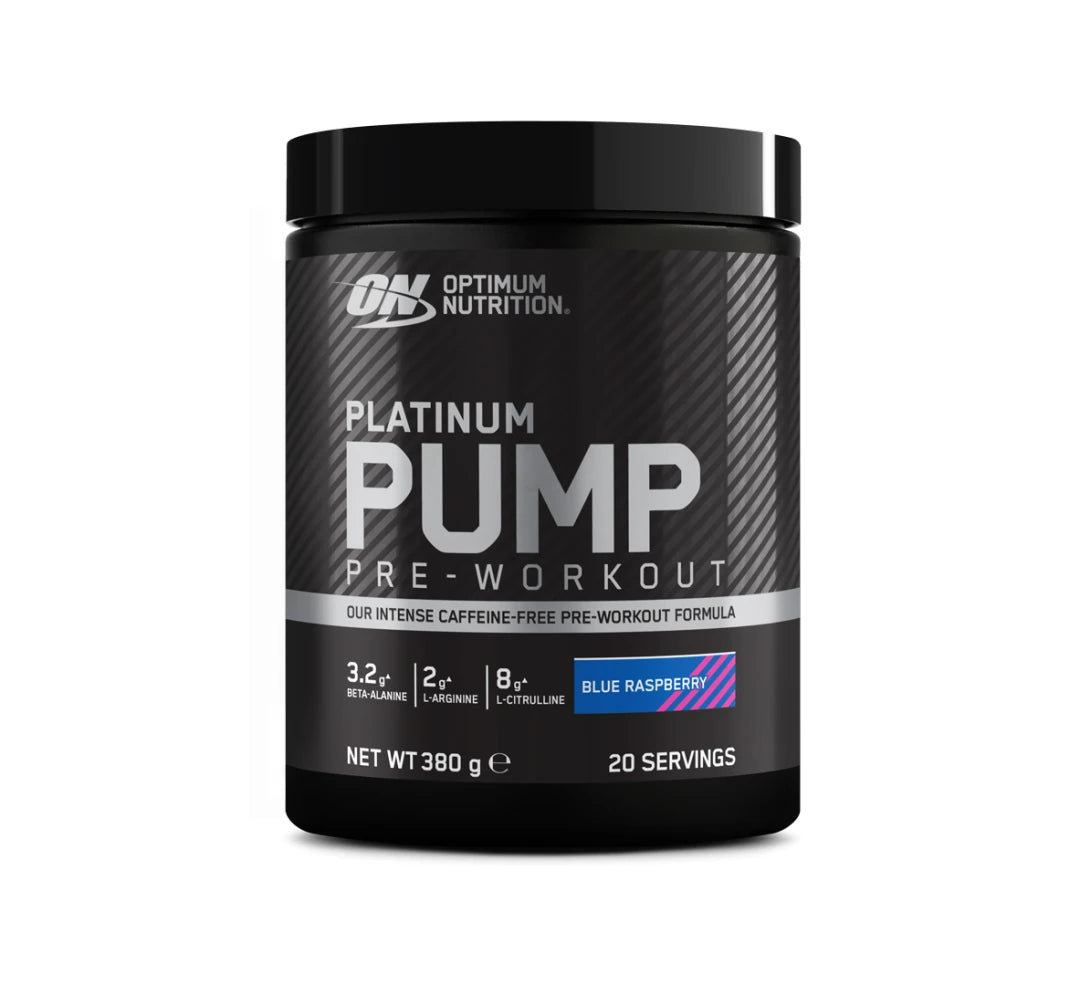 Optimum Nutrition PLATINUM PWO PUMP 380 g mustassa purkissa hopeisilla yksityiskohdilla, makuna Blue Raspberry.