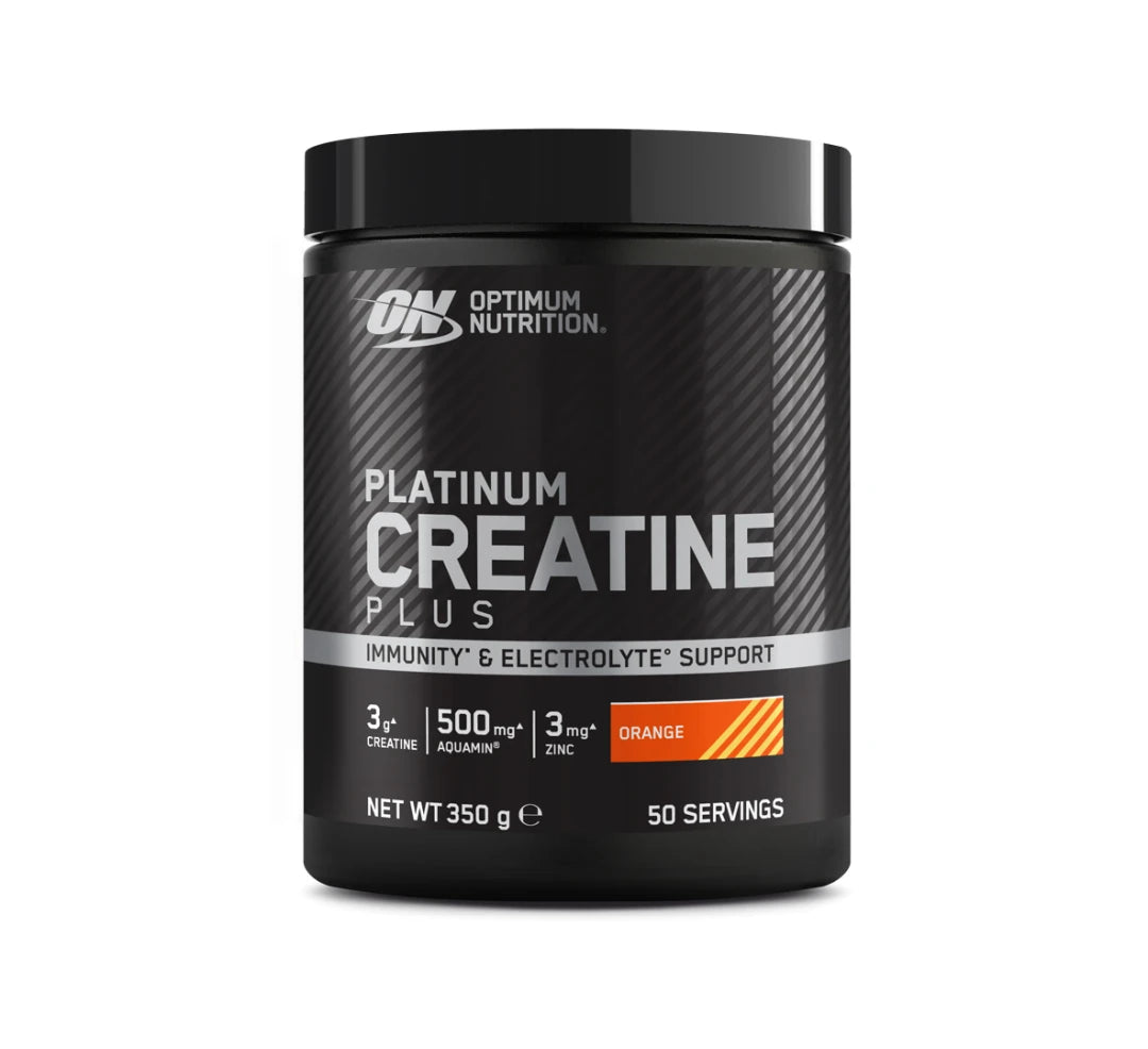 Optimum Nutrition Platinum Creatine Plus 350 g mustassa purkissa hopeisilla yksityiskohdilla, makuna Orange.