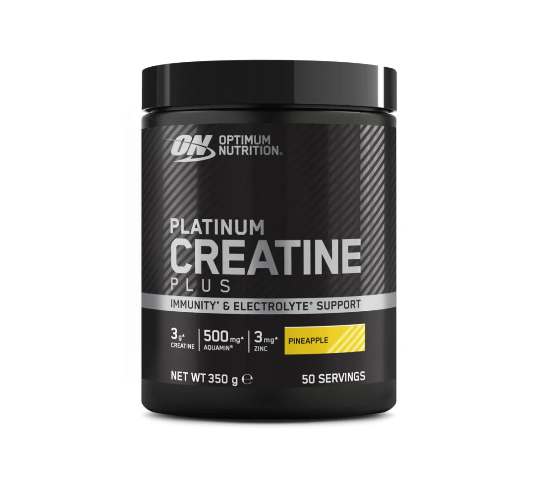 Optimum Nutrition Platinum Creatine Plus 350 g -kreatiinijauhe mustassa, hopeakoristeisessa purkissa, makuna ananas.