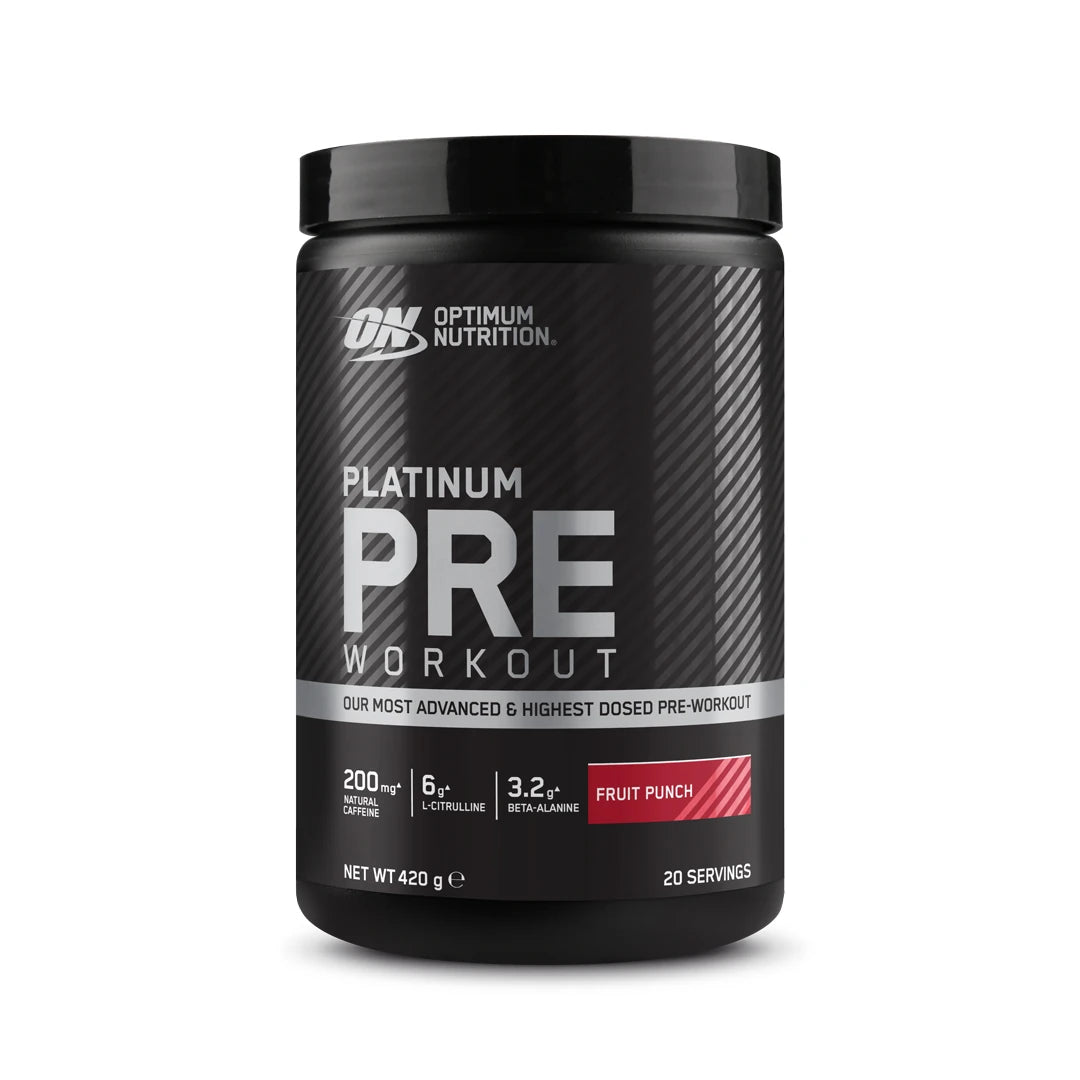 Optimum Nutrition PLATINUM PRE-WORKOUT 420 g -jauhe mustassa purkissa hopeisella tekstillä, makuna Fruit Punch.