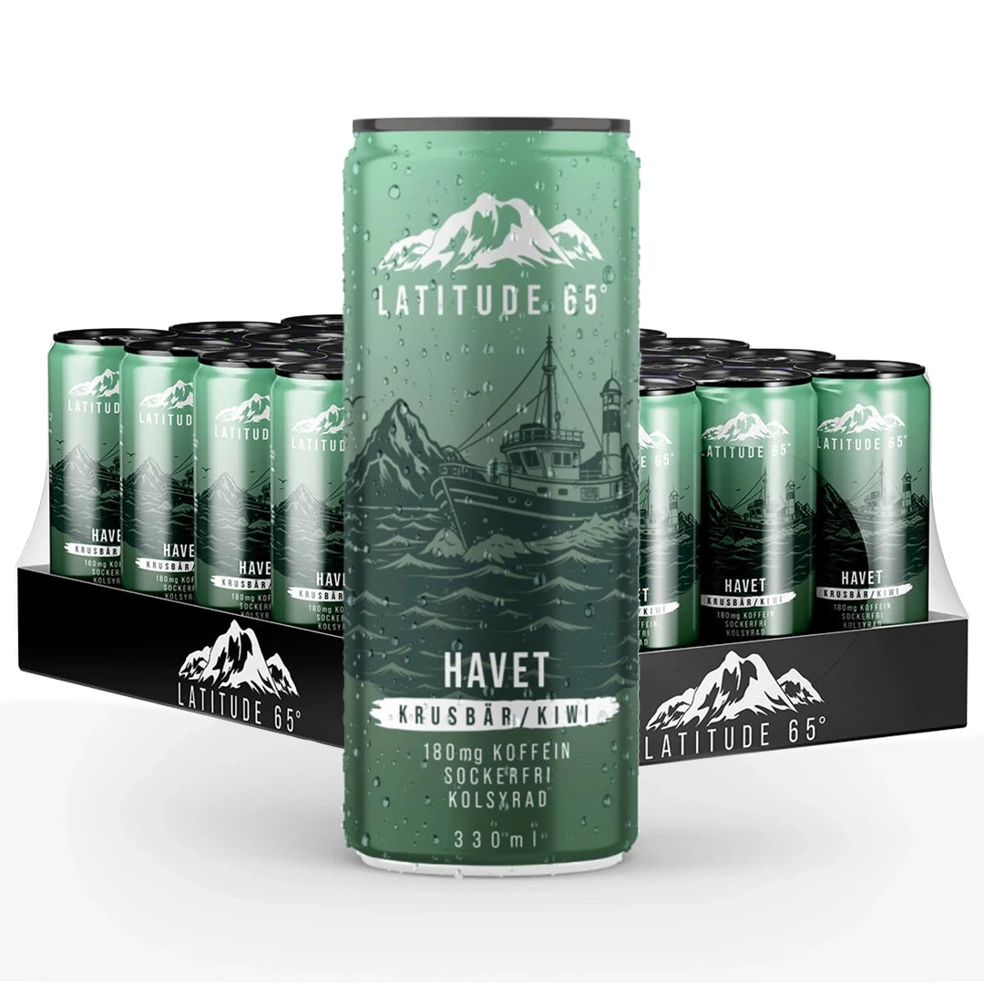 24 x Latitude 65 330 ml Havet - Krusbär/Kiwi -energiajuoma mustassa laatikossa vihreinä tölkkeinä.