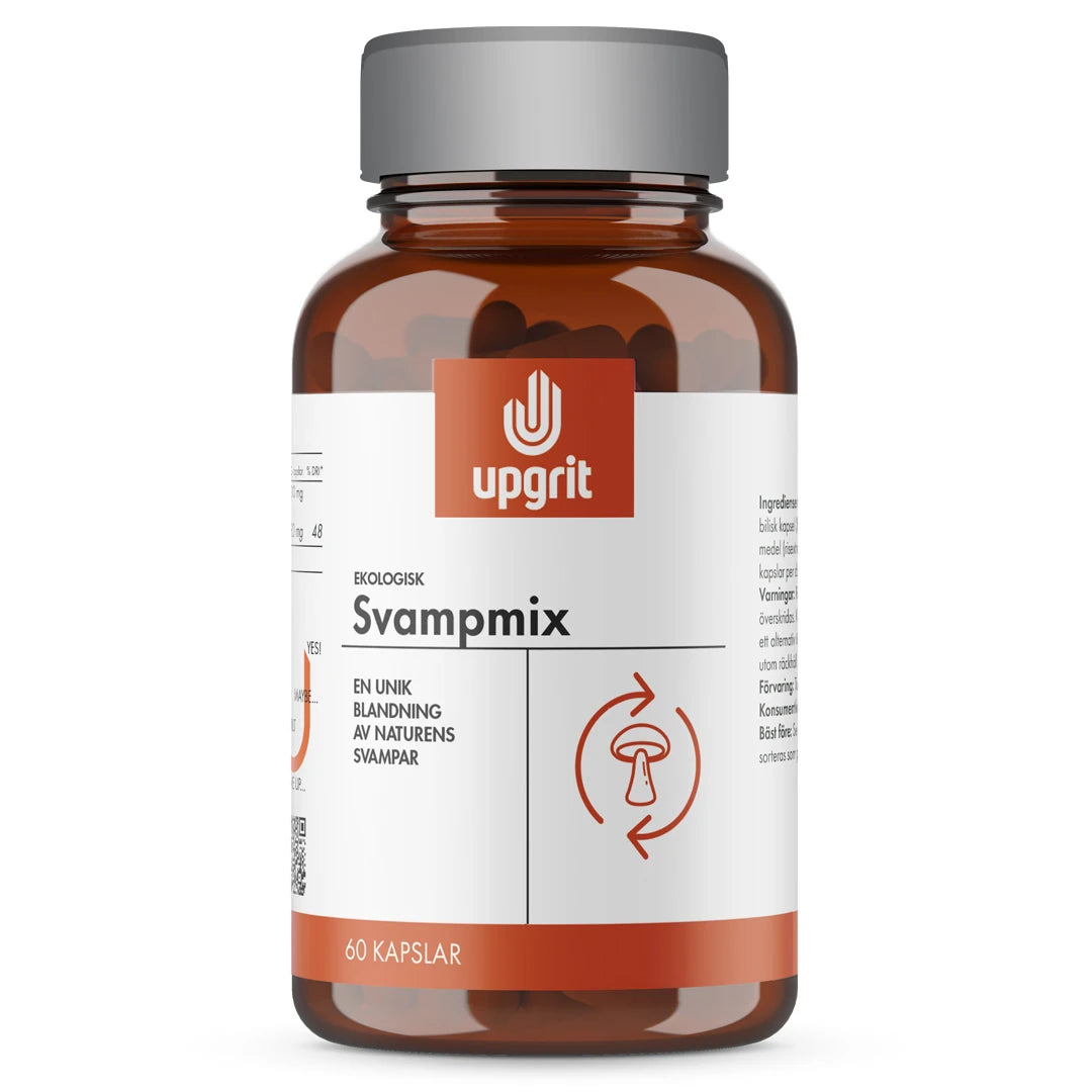 Ruskea lasipurkki Upgrit Svampmix 60 kapslar -ravintolisää hopeisella kannella ja punavalkoisella etiketillä.