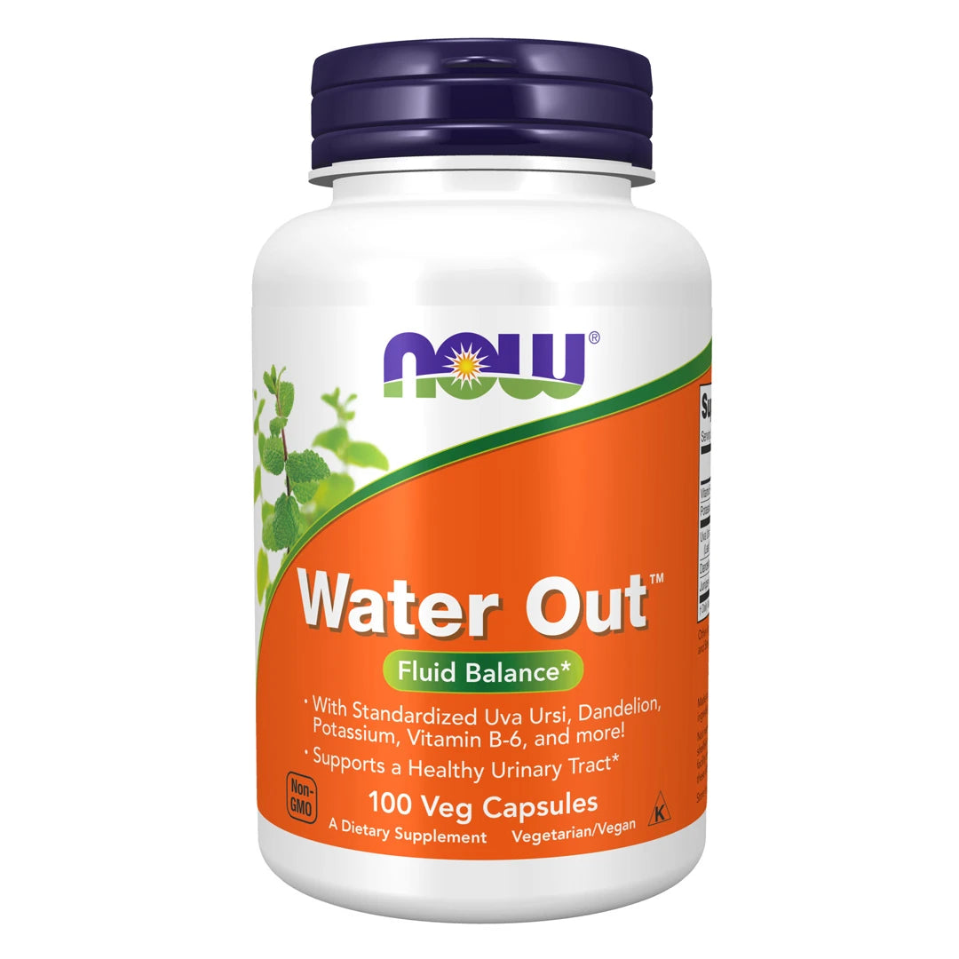 NOW Water Out™ 100 vegcaps -nesteenpoistovalmiste valkoisessa purkissa oranssilla etiketillä ja tummansinisellä kannella.