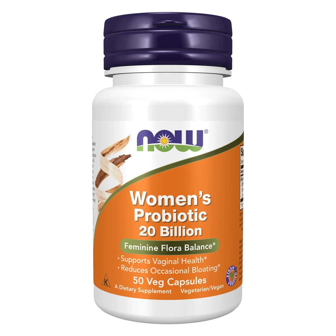 NOW Women's Probiotic 20 Billion 50 vegikapselia valkoisessa purkissa oranssilla etiketillä ja tummansinisellä kannella.