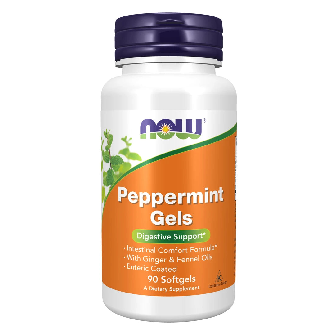 NOW Peppermint Gels 90 Softgels -ruoansulatusravintolisä valkoisessa purkissa, jossa liila kansi ja oranssi etiketti.