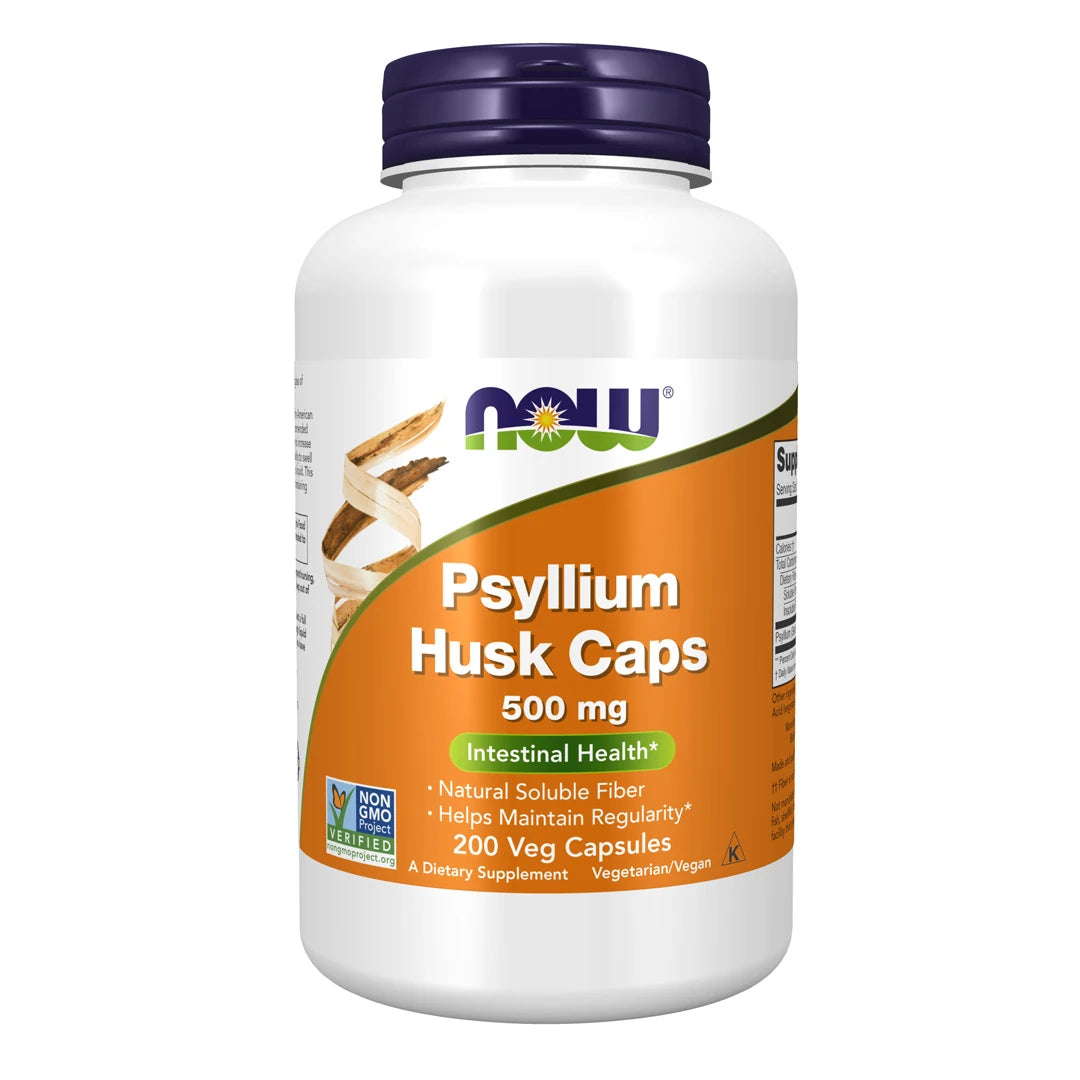 NOW Psyllium Husk Caps 500 mg 200 vegcaps -ravintolisä valkoisessa purkissa, oranssi etiketti ja tummansininen kansi.