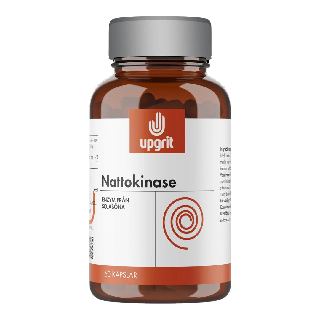 Upgrit Nattokinase 60 kapselia pakattuna ruskeaan purkkiin, jossa on valko-oranssi etiketti ja harmaa kansi.