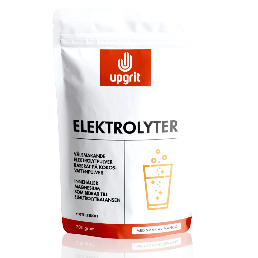 Upgrit Elektrolyytit 200 g -elektrolyyttijauhe valkoisessa pussissa oransseilla yksityiskohdilla, makuna mango., kuva 2/2