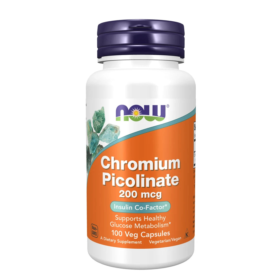 NOW Chromium Picolinate 200 mcg 100 vegcaps valkoisessa muovipurkissa, jossa on lila korkki ja oranssi etiketti.