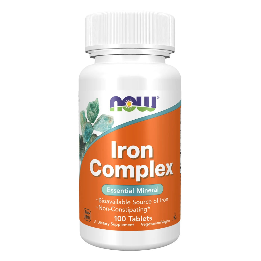 NOW Iron Complex 100 tablettia valkoisessa purkissa oranssilla etiketillä.