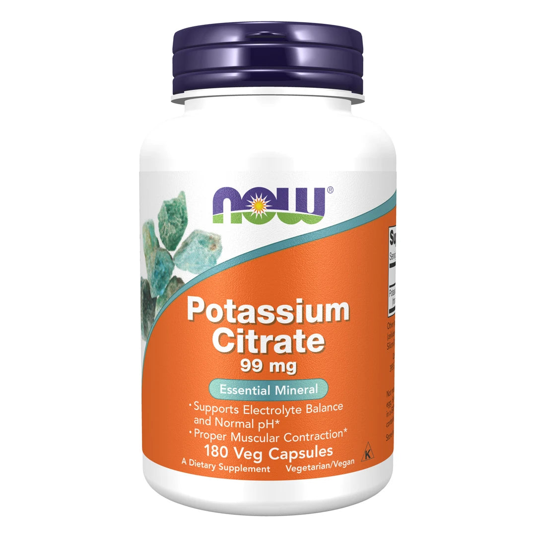 NOW Potassium (Kalium) Citrate 180 vegcaps valkoisessa muovipurkissa, jossa on liila kansi ja oranssi etiketti.