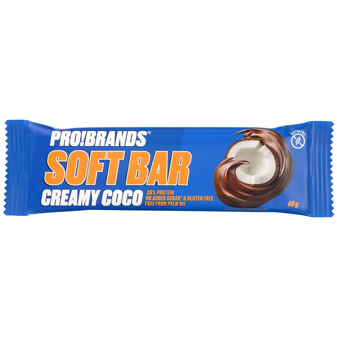 Pro Brands Softbar 40 g -proteiinipatukka sinisessä pakkauksessa suklaa- ja kookoskuvituksella, makuna Creamy Coco.