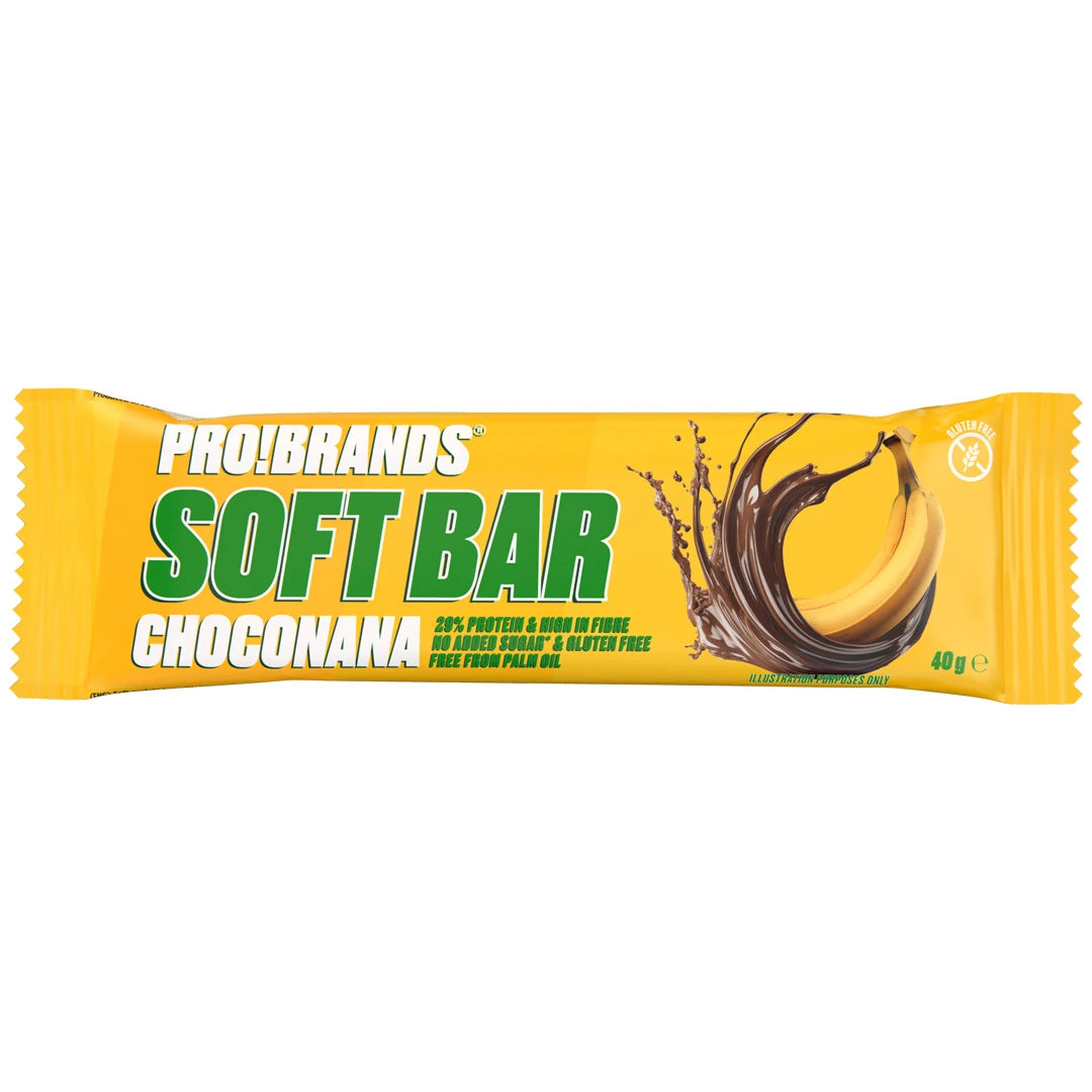 Pro Brands Softbar 40 g -proteiinipatukka keltaisessa pakkauksessa, jossa on suklaa- ja banaanikuvitus, makuna Choconana., kuva 3/3