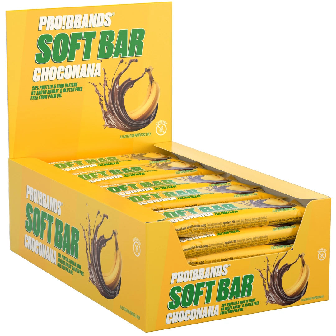 15 x Pro Brands Softbar 40 g Mix-laatikko avoimessa keltaisessa kartongissa, täynnä Choconana-proteiinipatukoita., kuva 1/1