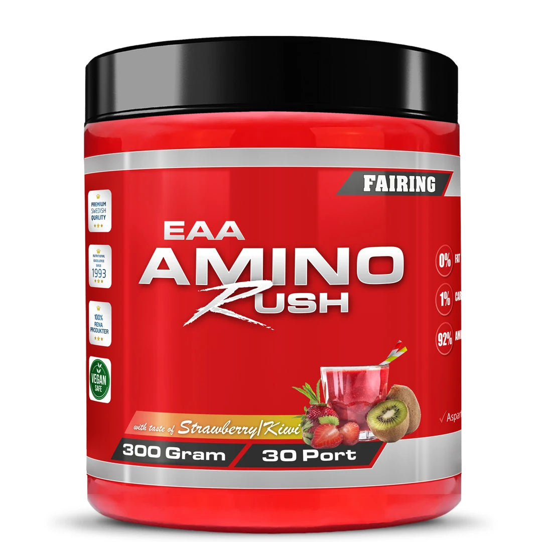 Fairing Amino Rush 300 g EAA-jauhe punaisessa, mustakantisessa purkissa Strawberry Kiwi -kuvituksella.