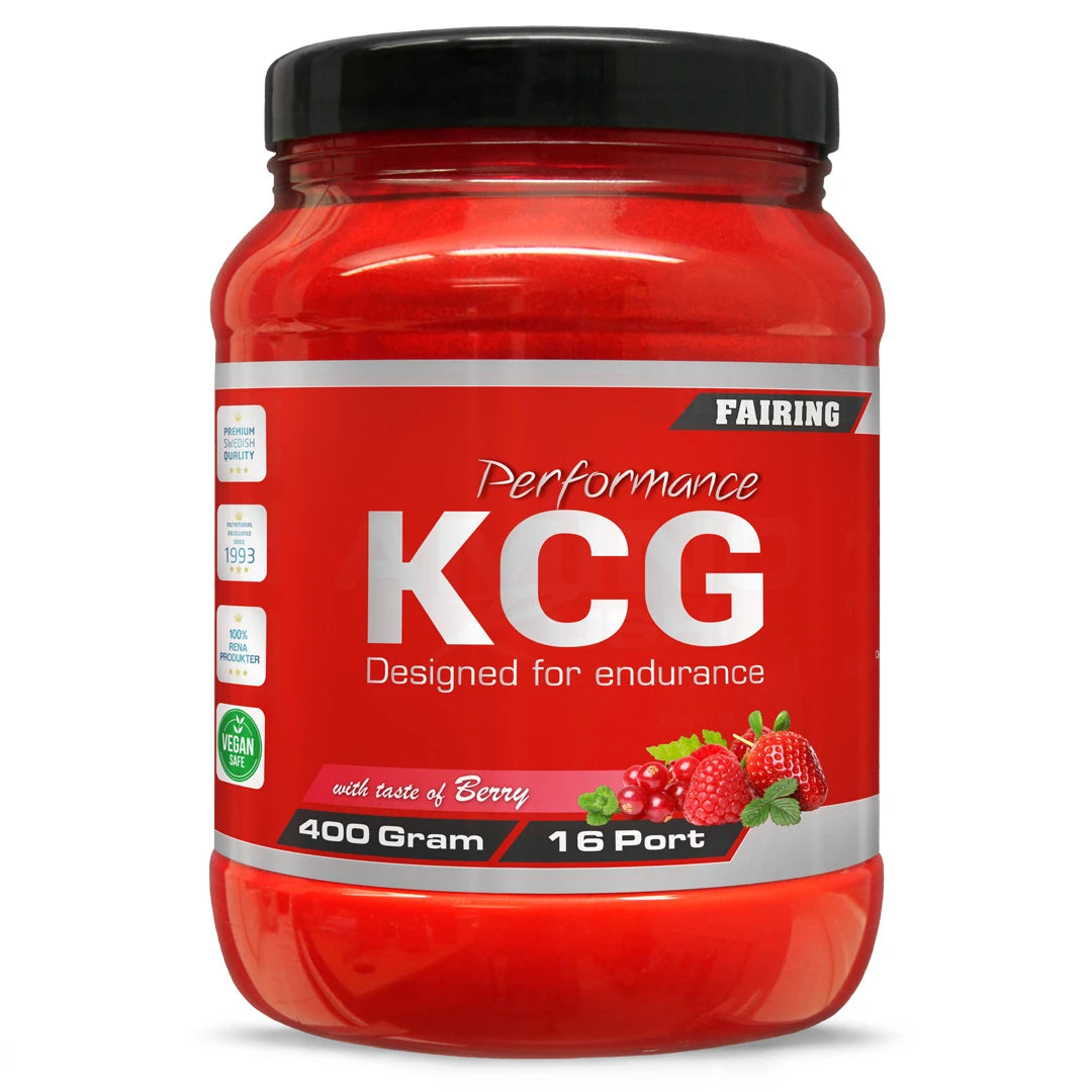 Fairing KCG Performance 400 g -urheilujuomajauhe marjanmakuisena, punaisessa purkissa mustalla kannella.
