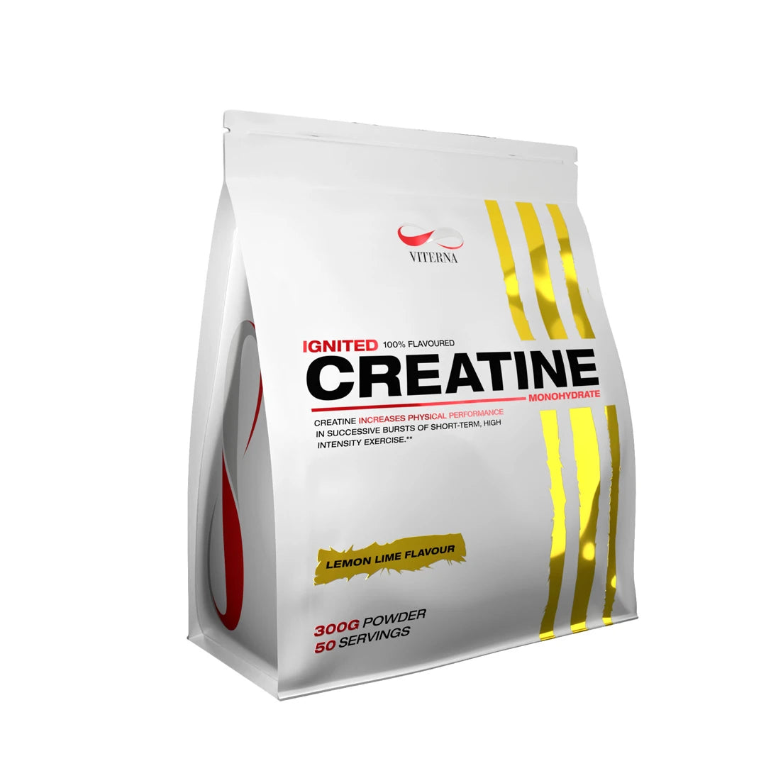 Viterna Ignited Creatine 300 g valkoisessa pussissa kultaisilla yksityiskohdilla, makuna Lemon Lime., kuva 3/3