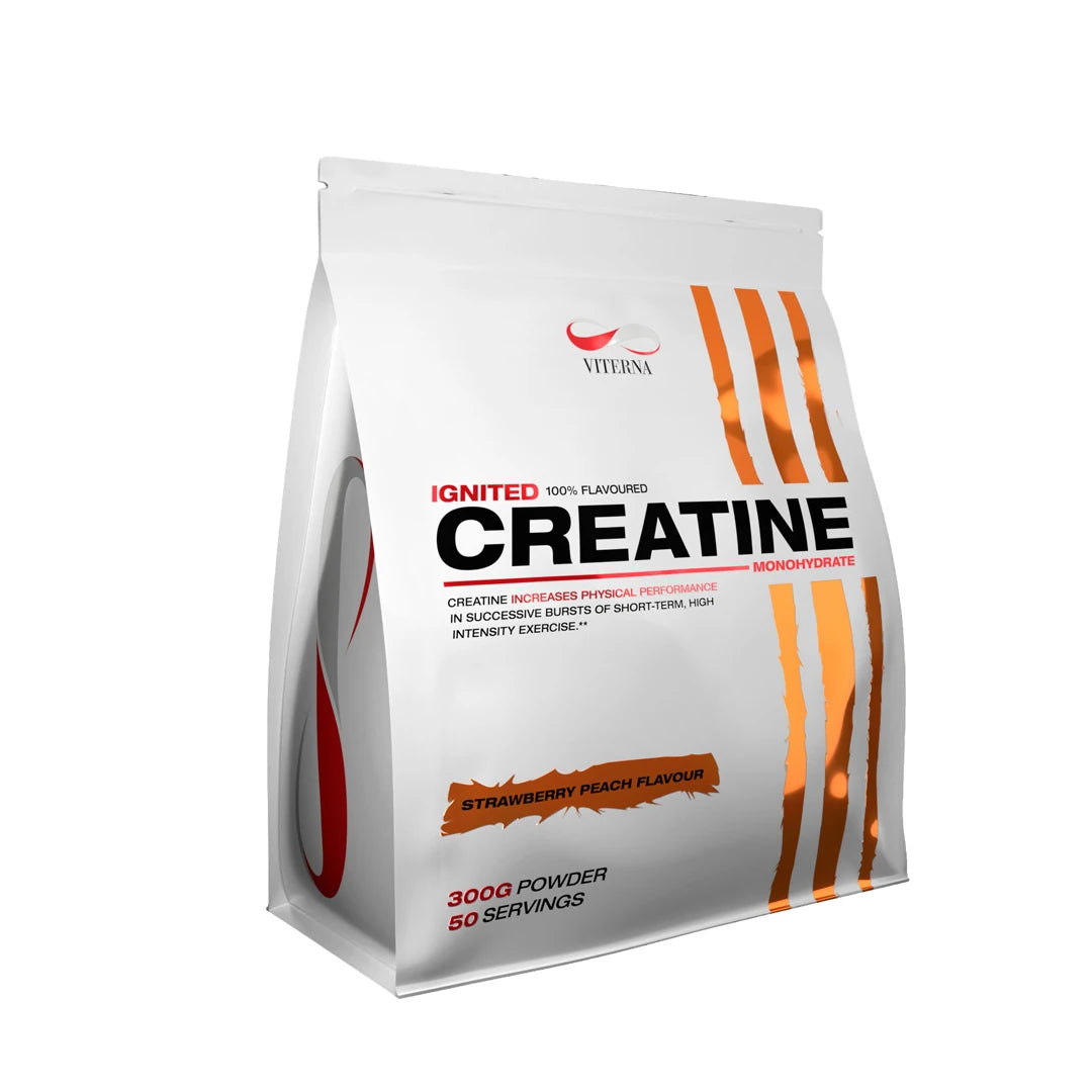 Viterna Ignited Creatine 300g -kreatiinijauhe valkoisessa pussissa oransseilla yksityiskohdilla, makuna Strawberry Peach., kuva 2/3