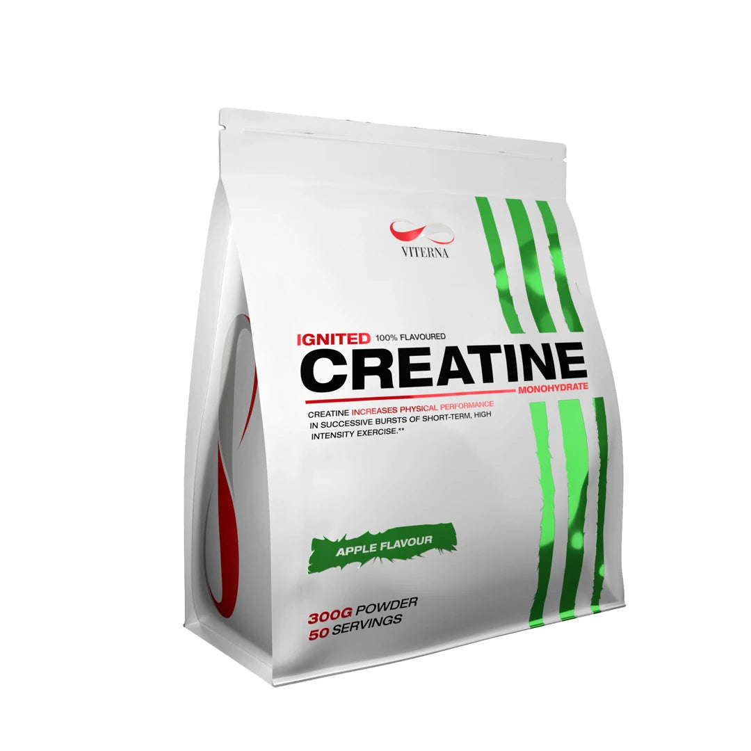 Viterna Ignited Creatine 300g valkoisessa pussissa vihreillä yksityiskohdilla, makuna Apple Flavour.