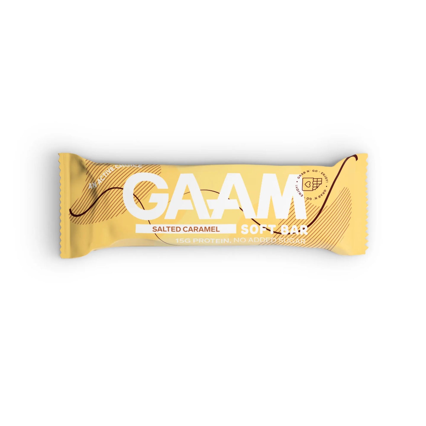 GAAM Protein & Soft bar 45 g Salted Caramel keltaisessa pakkauksessa ruskeilla yksityiskohdilla.