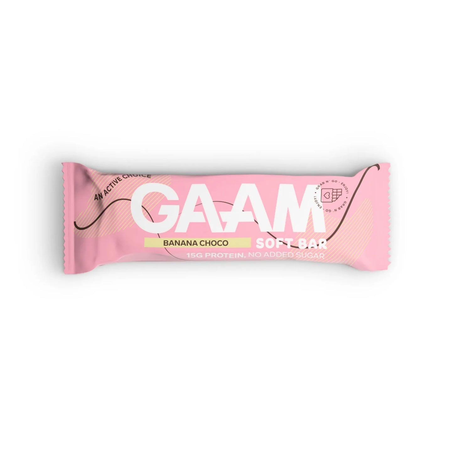GAAM Protein & Soft bar 45 g -proteiinipatukka vaaleanpunaisessa pakkauksessa, makuna Banana Choco.