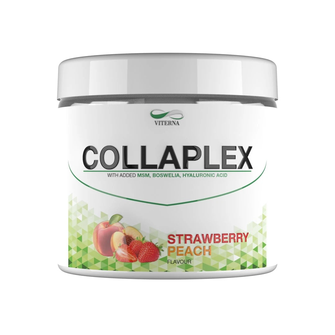 Viterna Collaplex powder 400 g -kollageeni valkoisessa purkissa vihreillä yksityiskohdilla, makuna Strawberry Peach.