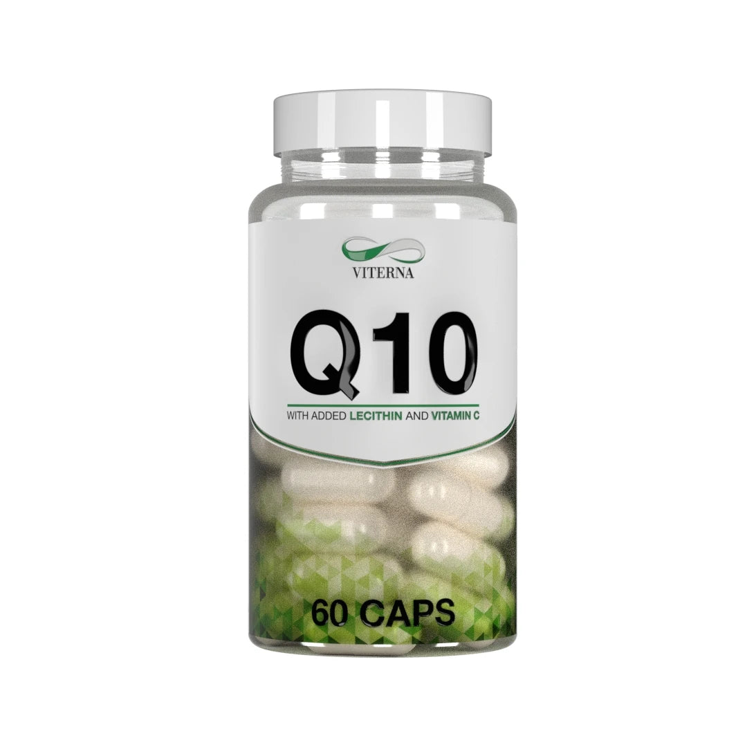 Viterna Q10 60 caps läpinäkyvässä purkissa valkoisella etiketillä ja vihreillä yksityiskohdilla, täynnä valkoisia kapseleita.