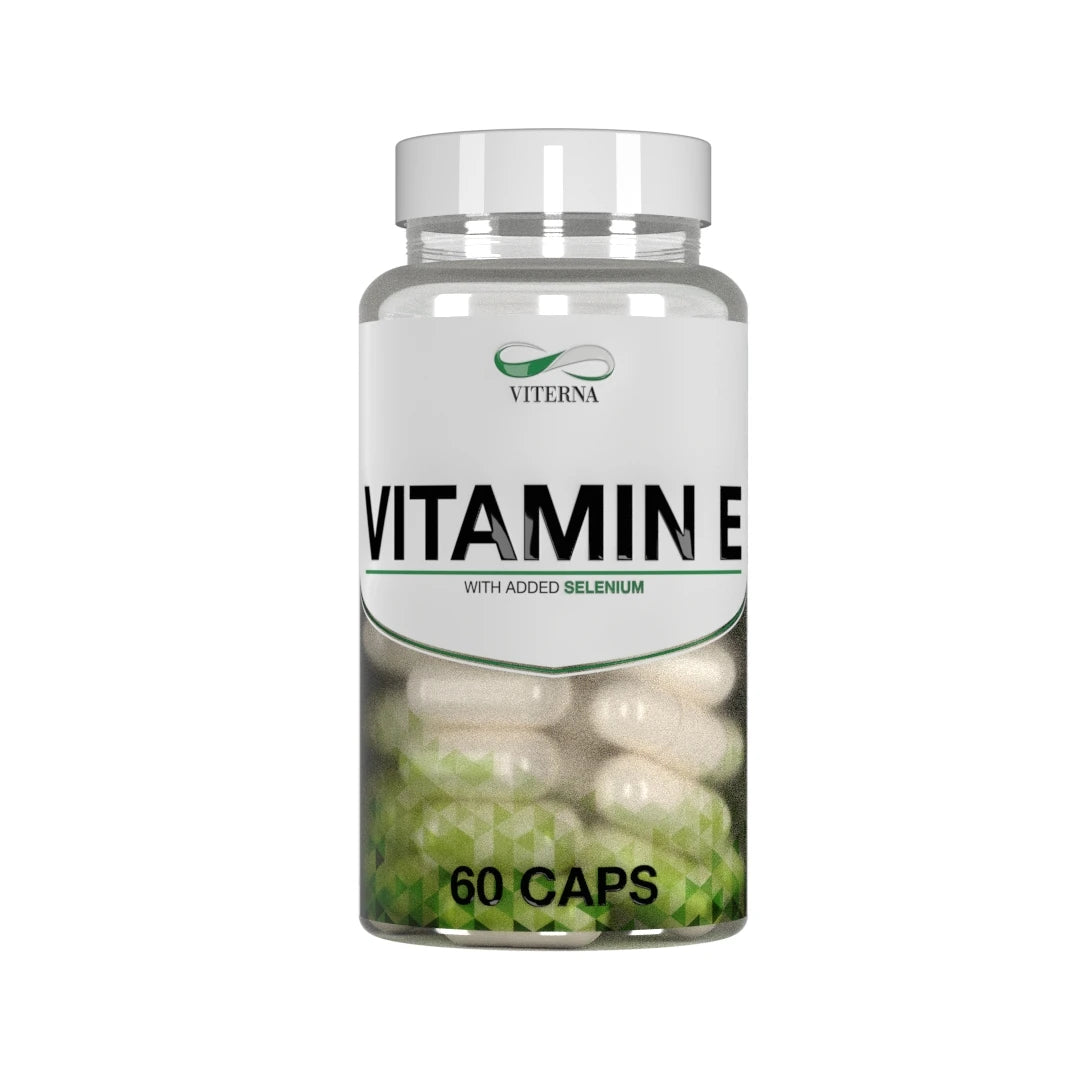 Viterna Vitamin E + Selenium 60 caps -ravintolisä läpinäkyvässä purkissa, jossa on valkoinen etiketti ja vihreitä yksityiskohtia.