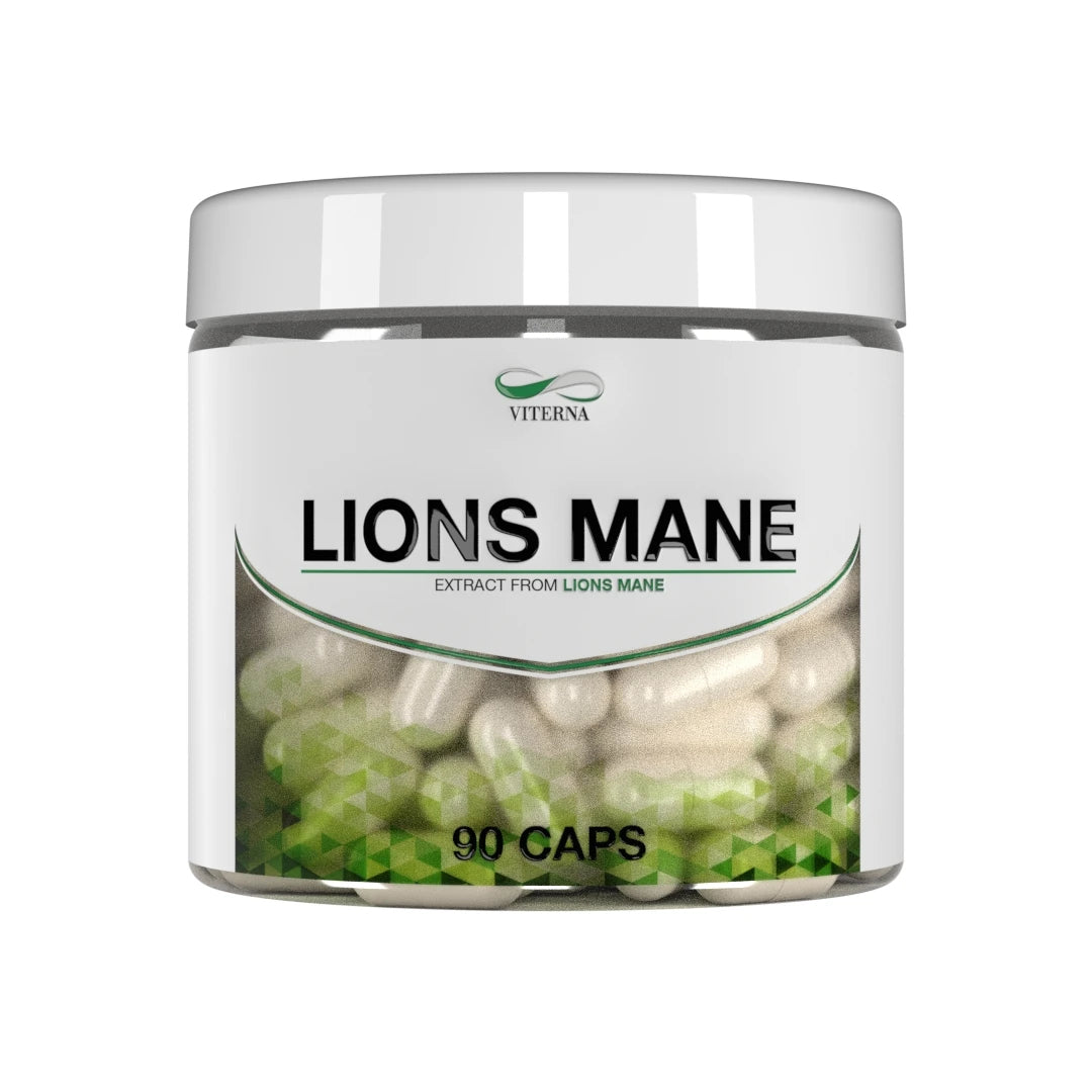Viterna Lions mane 90 caps -ravintolisä valkoisessa purkissa, jonka vihreä grafiikka näyttää kapselit.