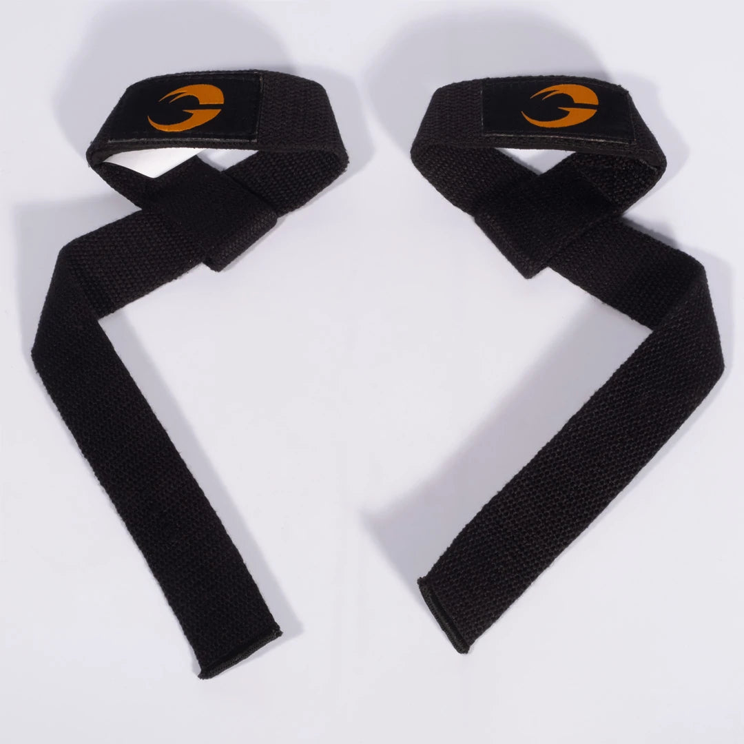 Mustat puuvillaiset GASP Classic Lifting Straps Black -vetoremmit oranssilla logolla.