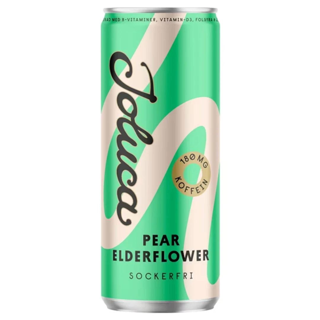 Joluca 330 ml -energiajuoma 180 mg kofeiinilla vihreässä ja beigessä tölkissä, makuna Pear Elderflower., kuva 1/4