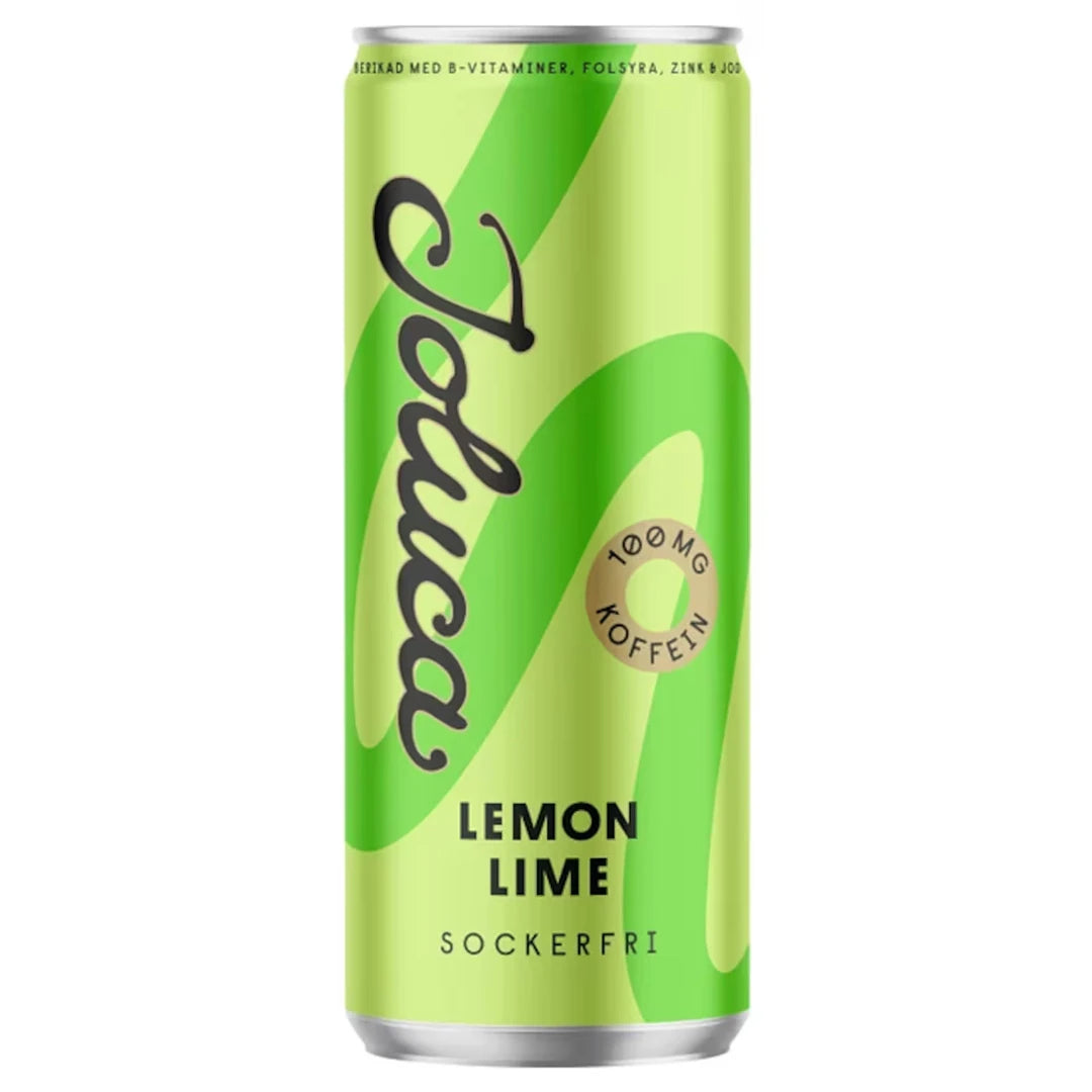 Joluca 330 ml sokeriton hiilihapotettu juoma vihreässä tölkissä tummanvihreillä yksityiskohdilla, makuna Lemon Lime., kuva 3/4