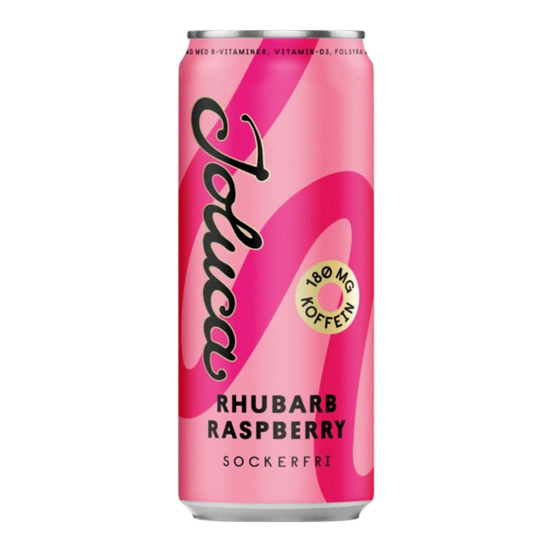 Joluca 330 ml sokeriton juoma vaaleanpunaisessa tölkissä, jossa on 180 mg kofeiinia, makuna Rhubarb Raspberry.