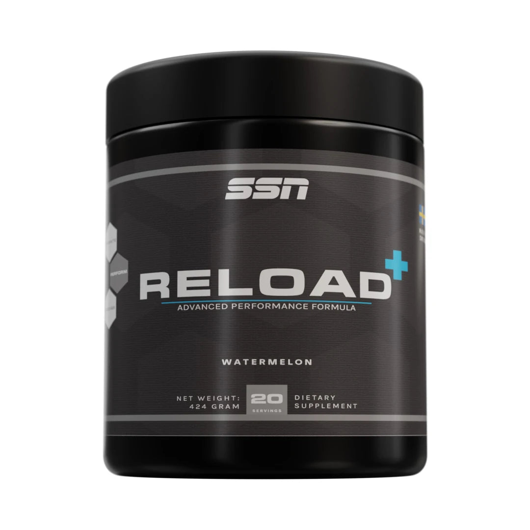 SSN Reload+ 424 g -aminohappoja mustassa purkissa hopeisilla yksityiskohdilla, makuna Watermelon.