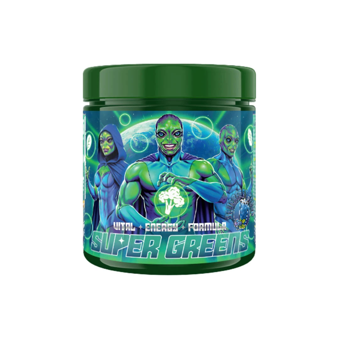 Swedish Supplements Super Greens 250 g -viherjauhe tummanvihreässä purkissa, jonka etiketissä on avaruusaihe.