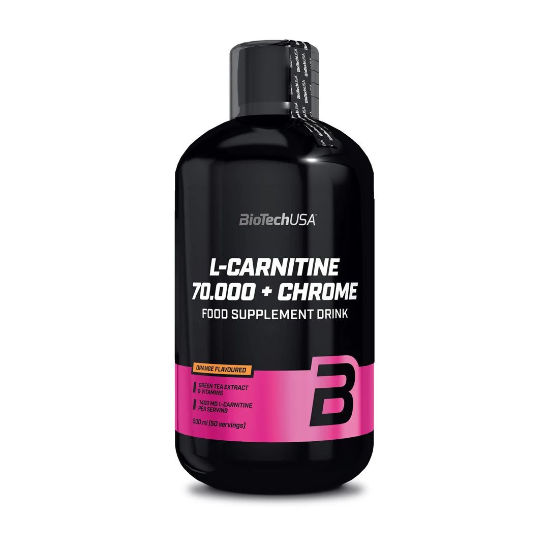 BioTechUSA L-Carnitine 70.000 + Chrome 500 ml makuna Orange, mustassa pullossa pinkeillä yksityiskohdilla.